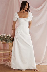 Square Neck Puff Sleeve Ruched Cinch Waist Plain Maxi Dresses-White